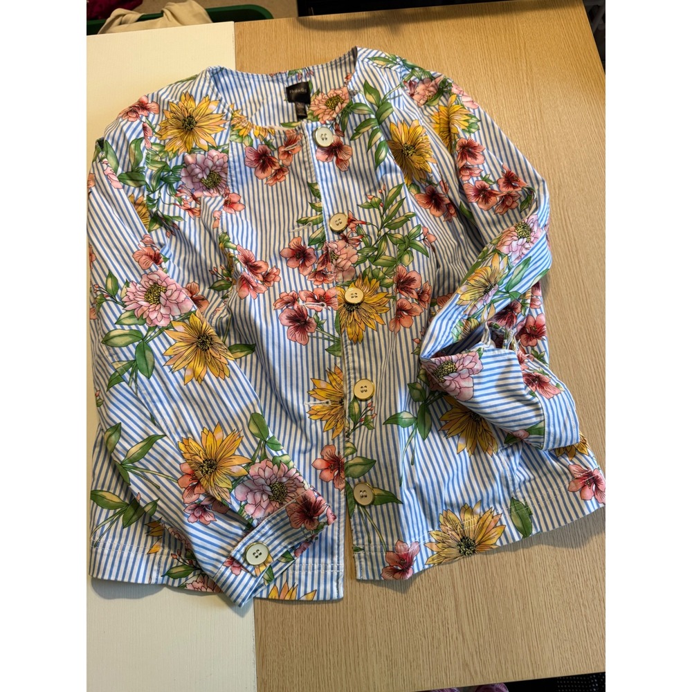 Rafaella Floral Stripe Button Front Jacket Blue White‎ Pink Yellow XL